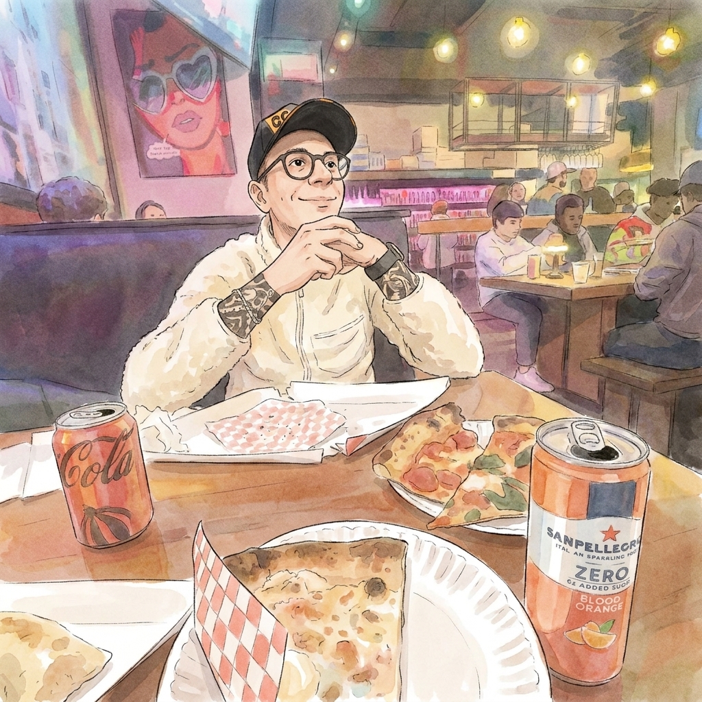 Page 001: the first night, the booth at the back, the only place still serving — one slice between us, and everything we had not said yet about the trip.