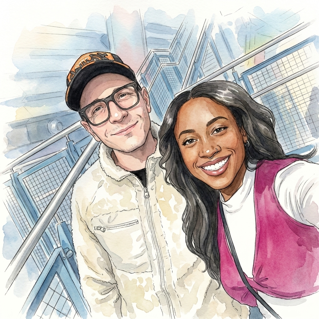 Page 004: the photo we took because nobody had asked us to. we were behind the metro, the orange railing, and we both squinted on the same count.