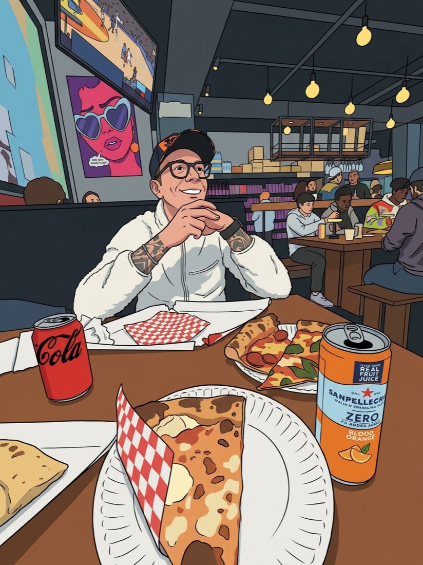 Pizza booth · Saturday night, drawn in the Ligne claire style.