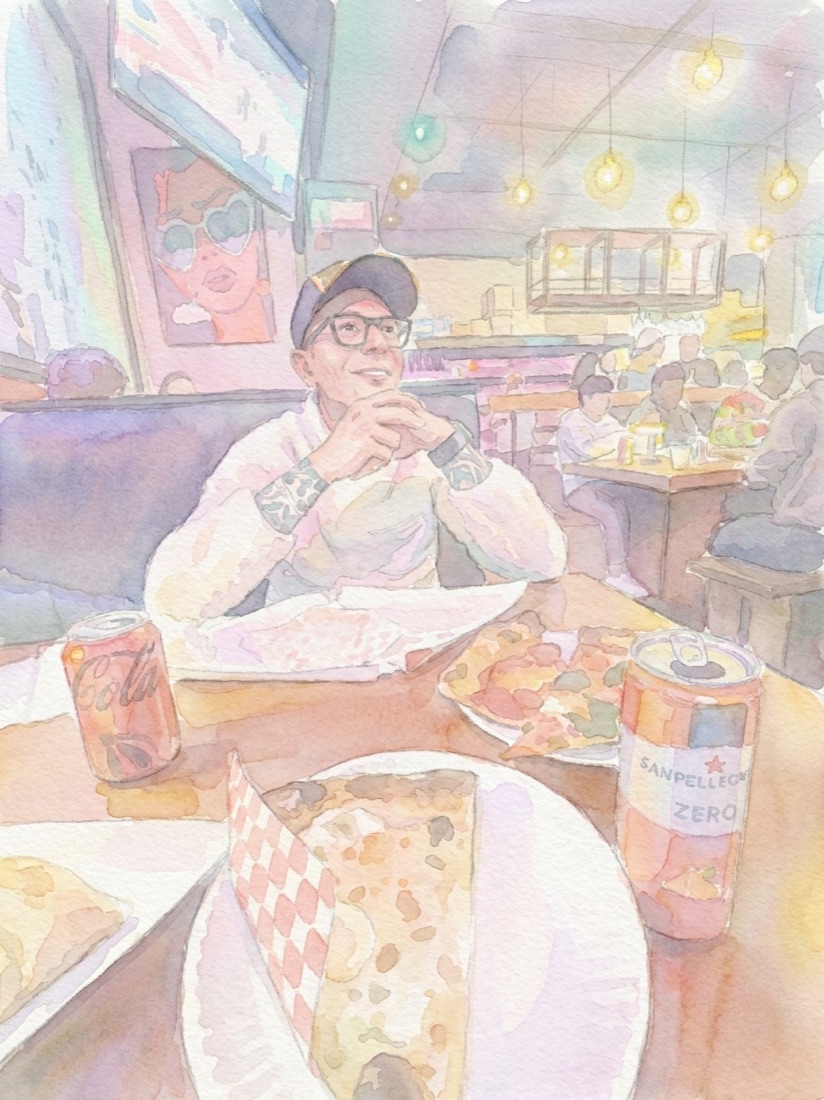 Pizza booth · Saturday night, drawn in the Watercolour style.